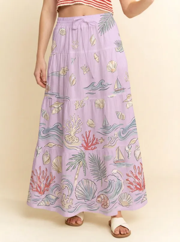 Women's Beach Lover Seashell Ocean Palm Printed Maxi Skirt
