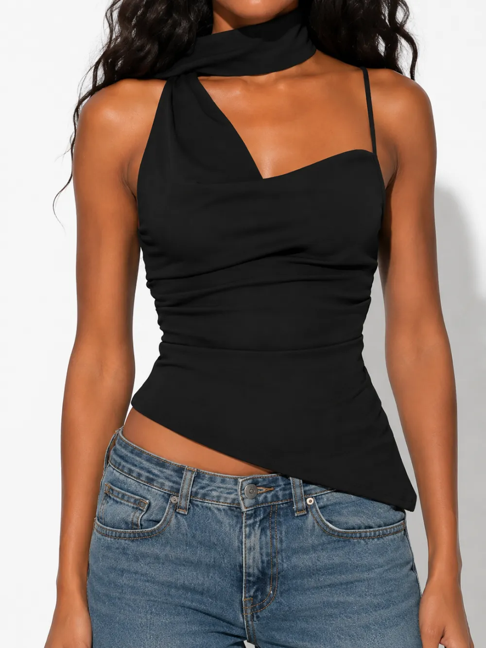 Asymmetrical Neck Ruched Cami Top