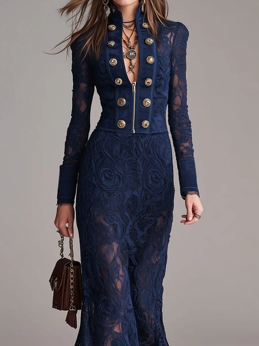 Boho Faux Suede And Lace-panel Double-breasted Maxi Dress