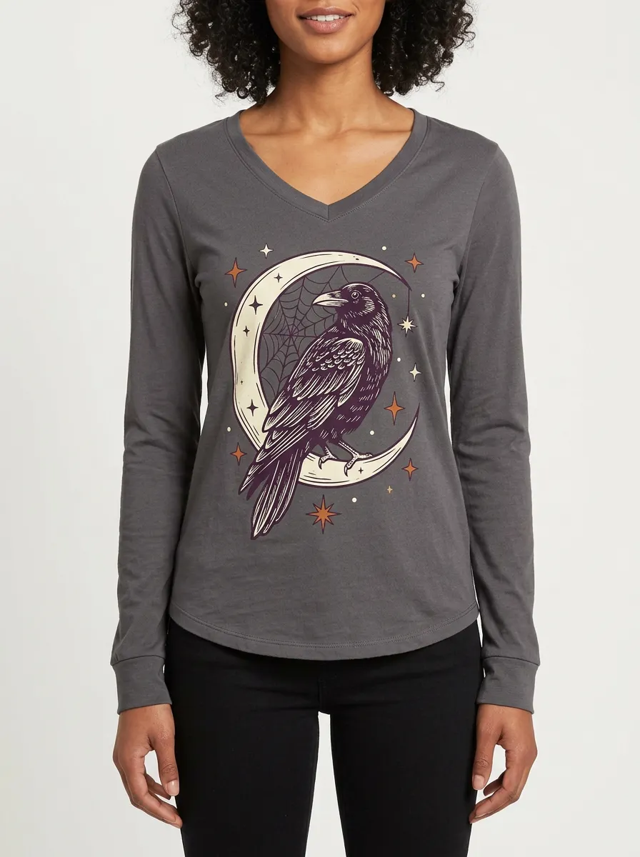 Women's Halloween Gothic Raven Moon Printed V-neck Long Sleeve Top