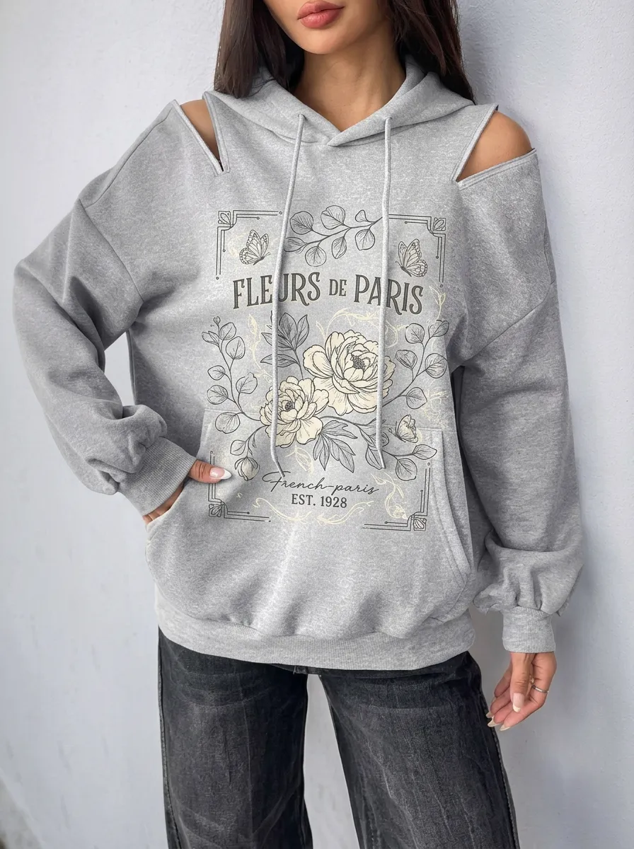 Women's French Paris Floral Butterfly Printed Cold Shoulder Hoodie