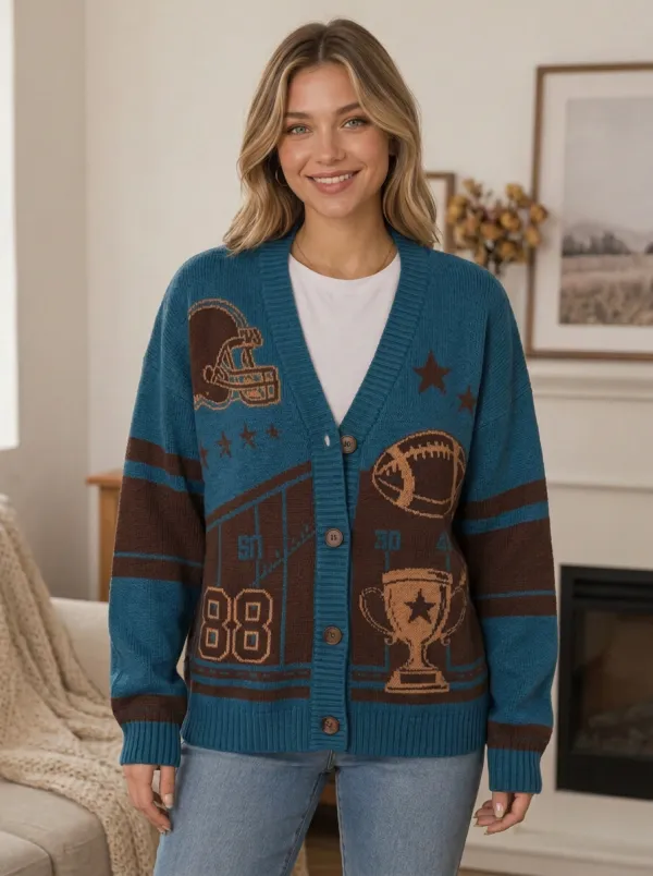 Women's Football Green and Brown Football Graphic Cardigan