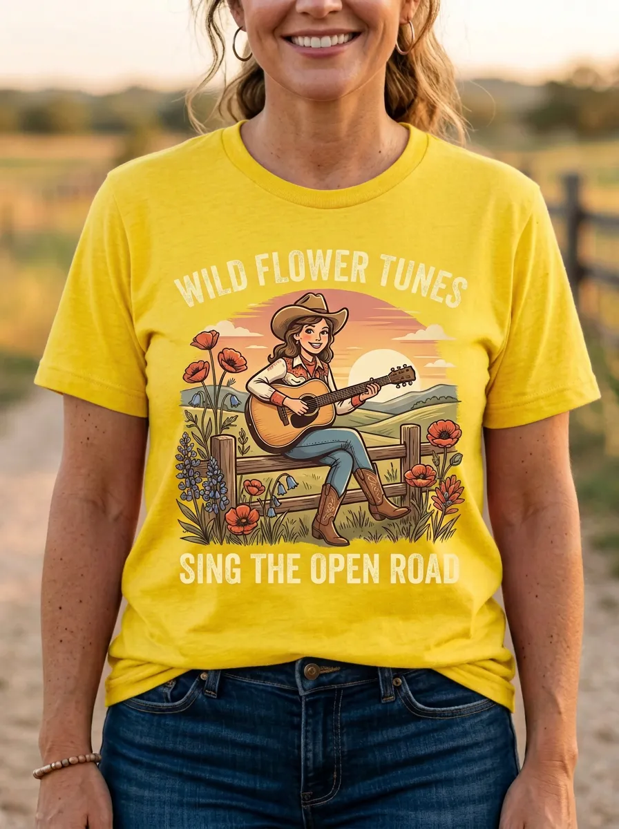 Nashville-Inspired Guitar Wildflower Country Music Crewneck T-Shirt