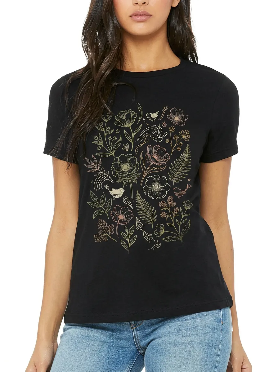 Women's Botanical Bird Floral Line Art Printed T-shirt