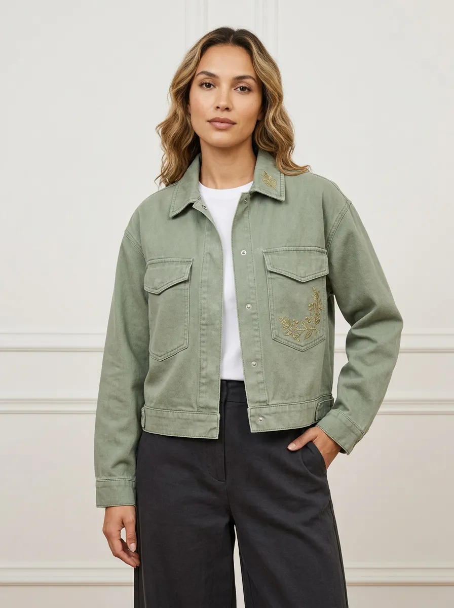 Women's Olive Green Botanical Leaf Embroidered Jacket