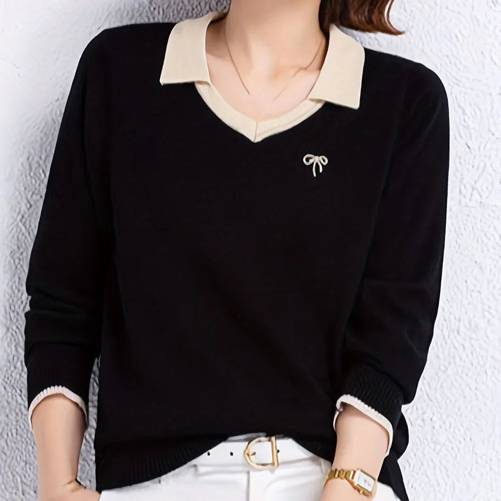 Notched Collar Knitted Sweater Casual Long Sleeve