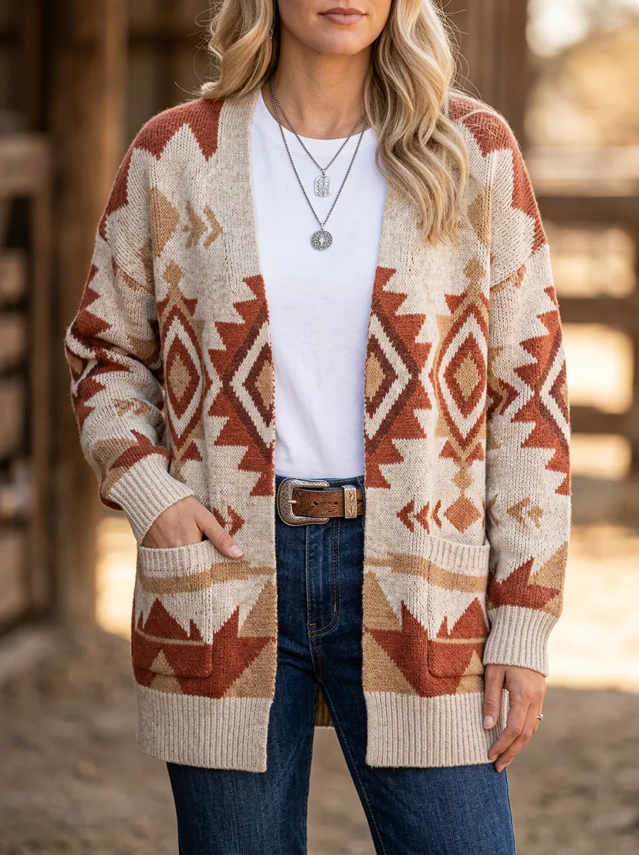 Women's Western Boho Geometric Pattern Knitted Cardigan