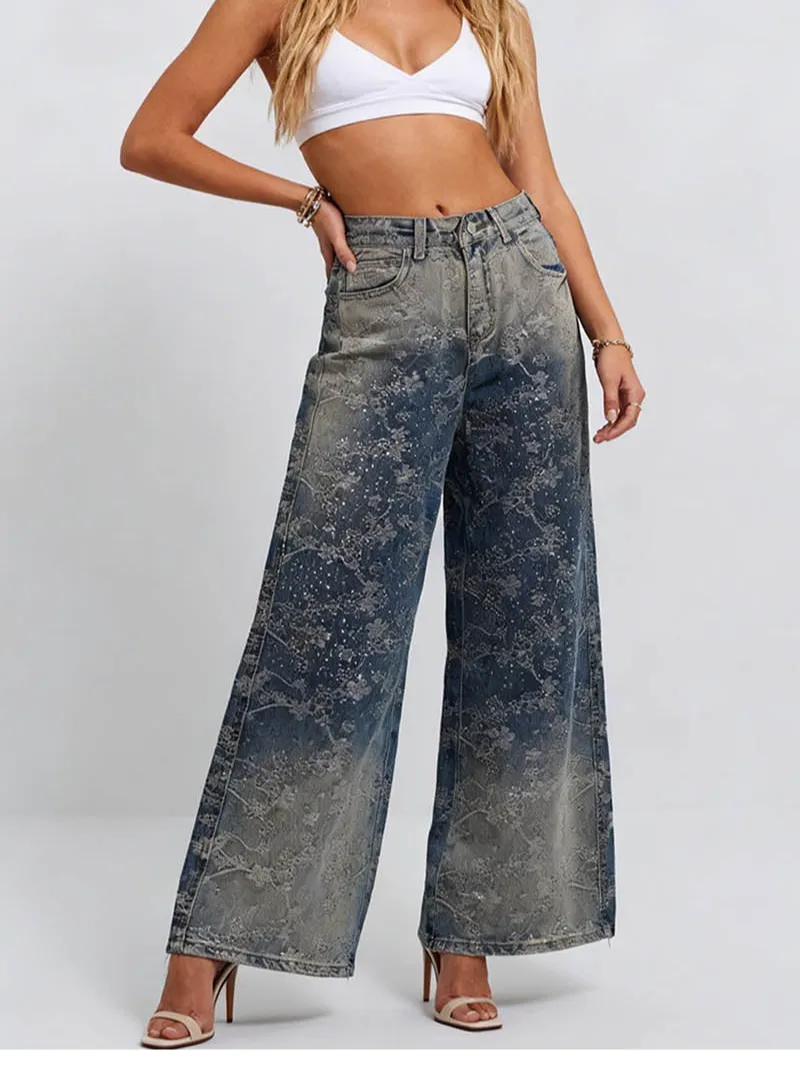 Rhinestone Jacquard Jeans Button Waist Wide Leg Denim Pants