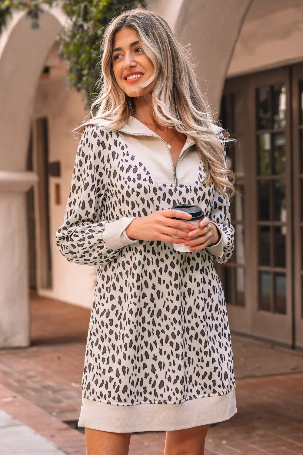 Leopard Print Zip Up Collar Patchwork Shift Mini Dress