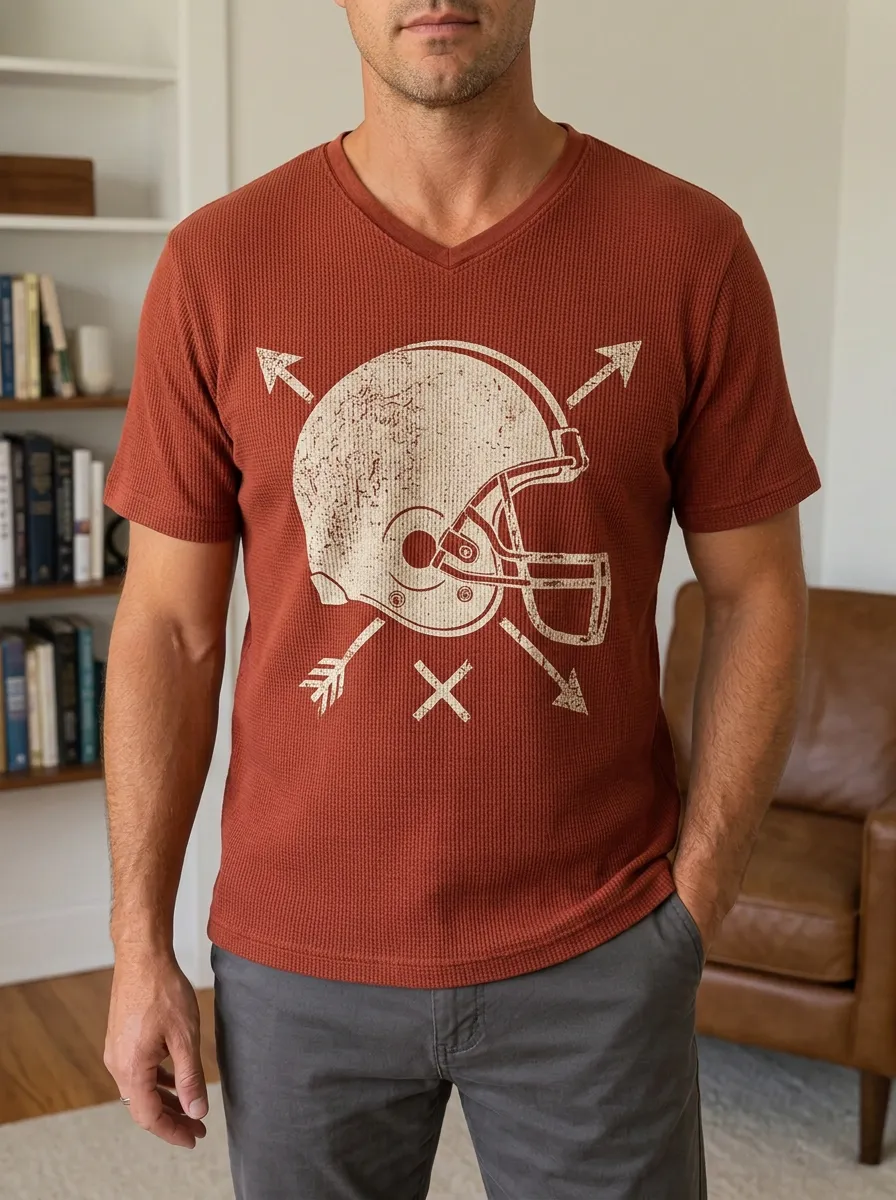 Men's Football Lover Distressed Helmet Arrow Printed Waffle V-Neck Shirt