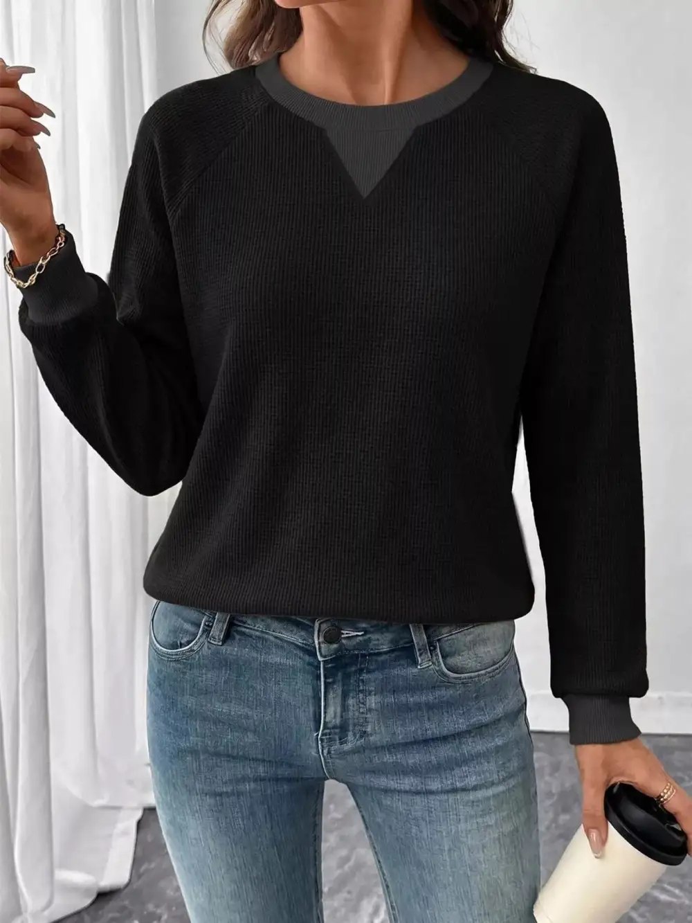 Crew Neck Waffle Knit Sweatshirt