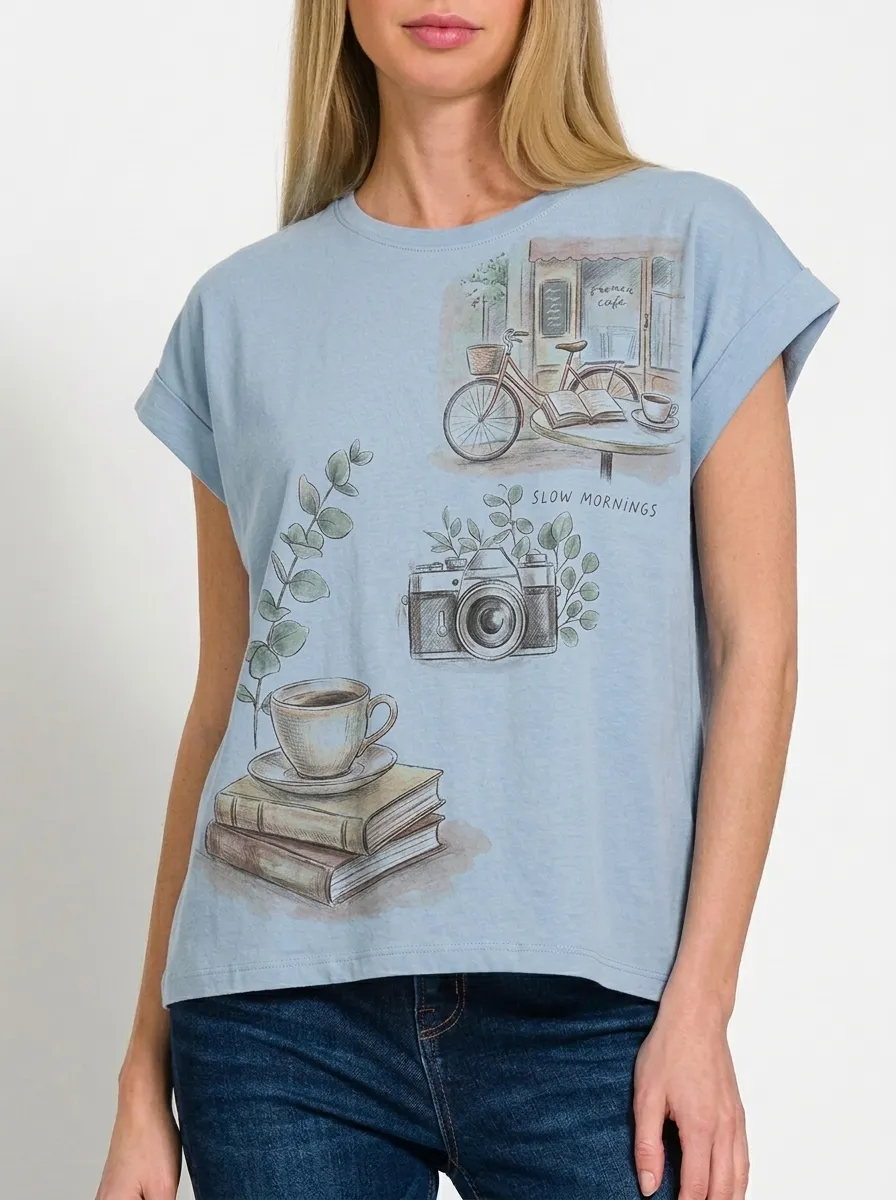 Women's Slow Mornings Coffee Camera Bicycle Printed T-shirt