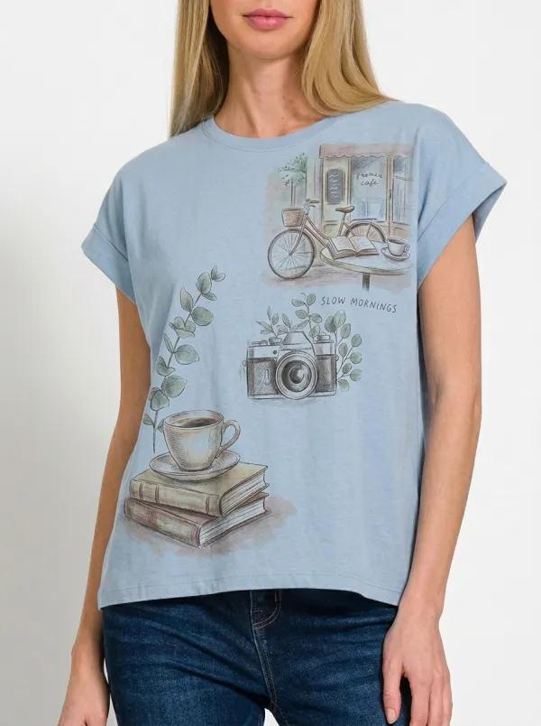 Women's Slow Mornings Coffee Camera Bicycle Printed T-shirt