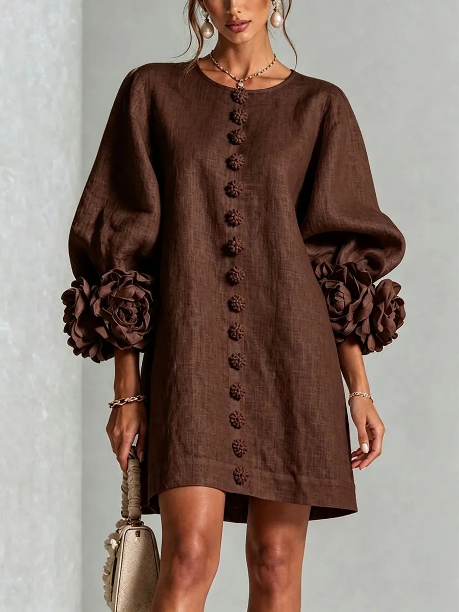 Printed 3D Floral Button-Front Mini Dress