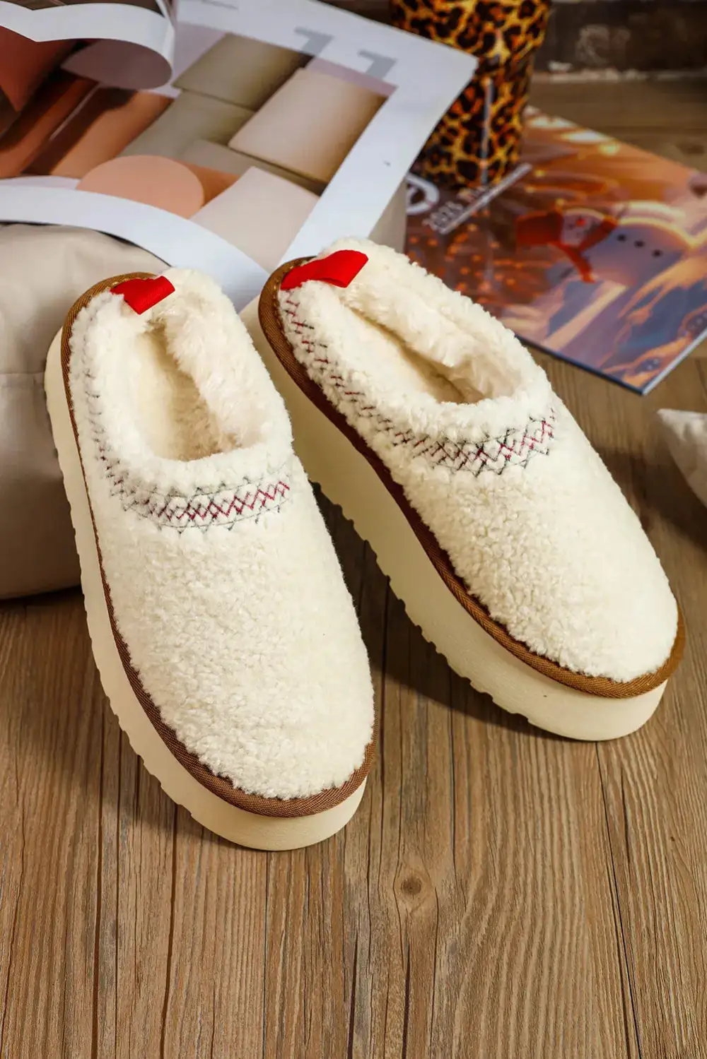Embroidered Sherpa Thick Sole Slippers