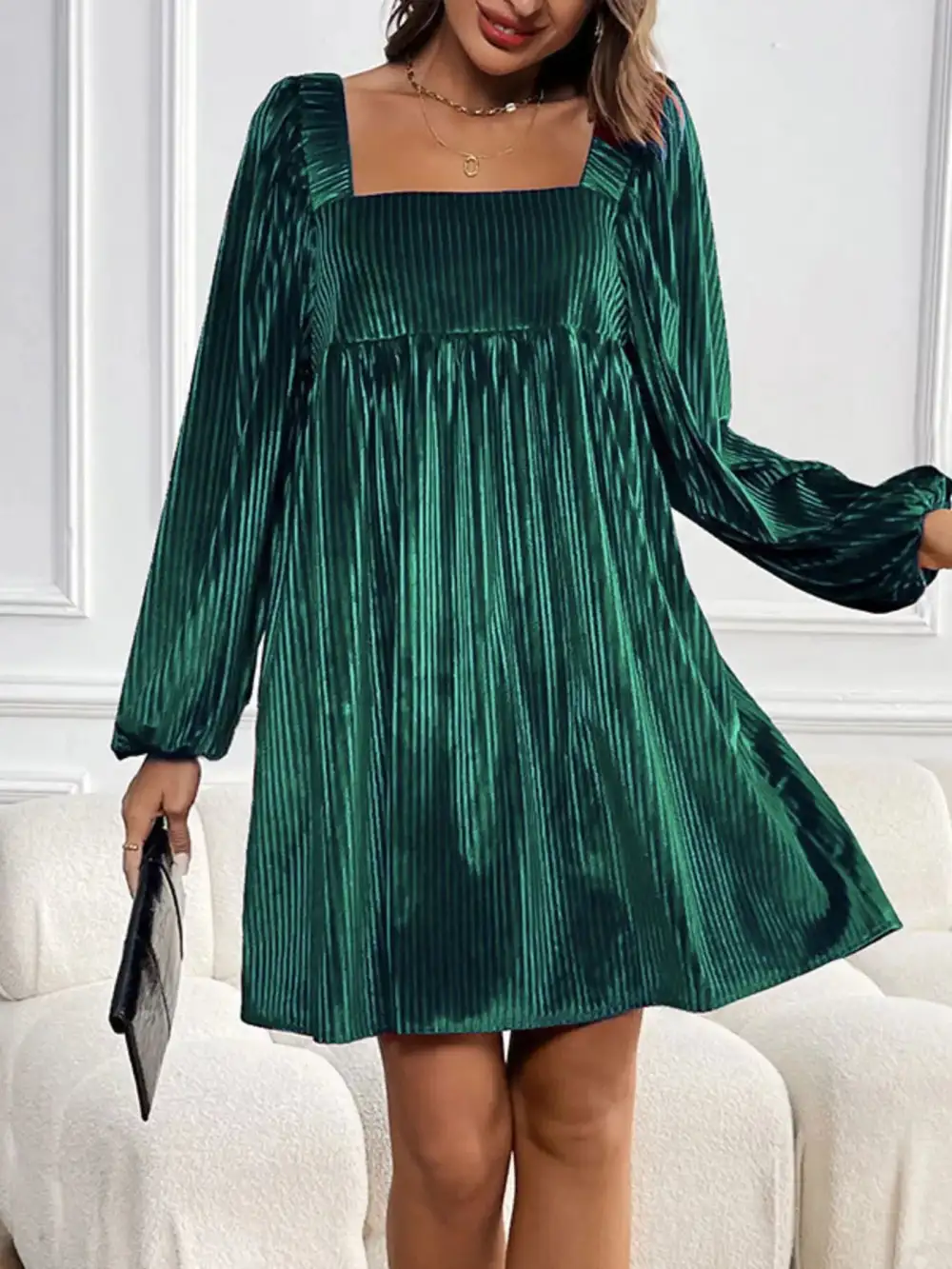 Square Neck Long Sleeve Casual Dress