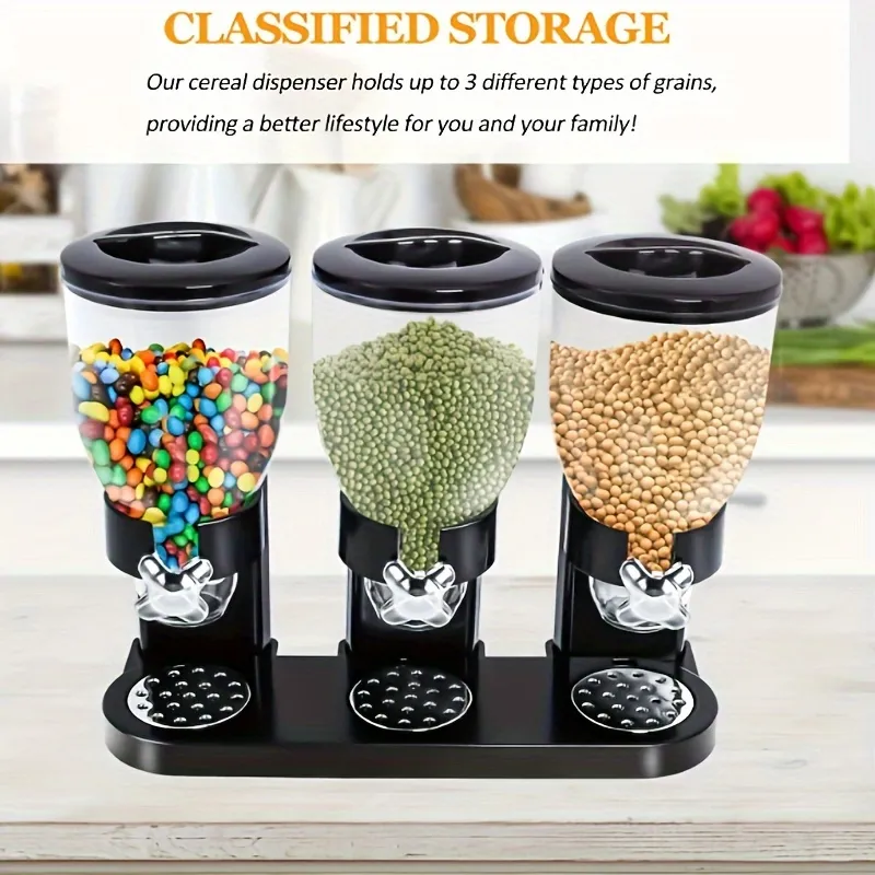 Triple Cereal Dispenser with Airtight Containers, Kitchen Tool for Cereal and Dry Food Storage