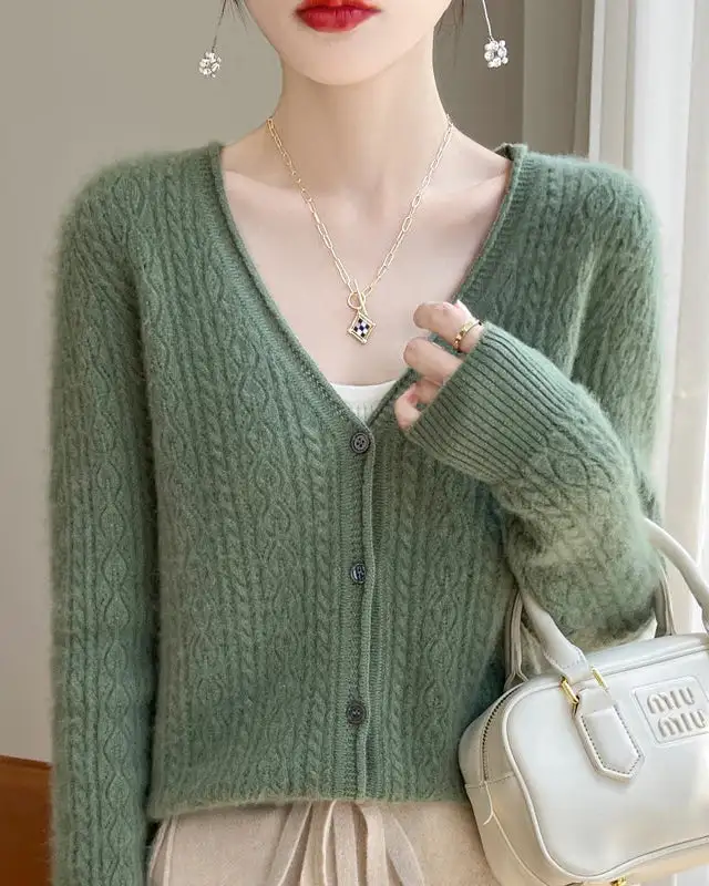 Merino-Wool Wool Button-Front V-Neck Cardigan