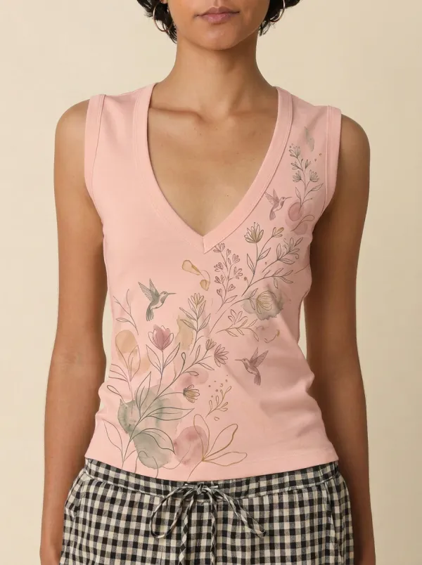 Women's Nature Lover Hummingbird Floral Watercolor Printed Tank Top