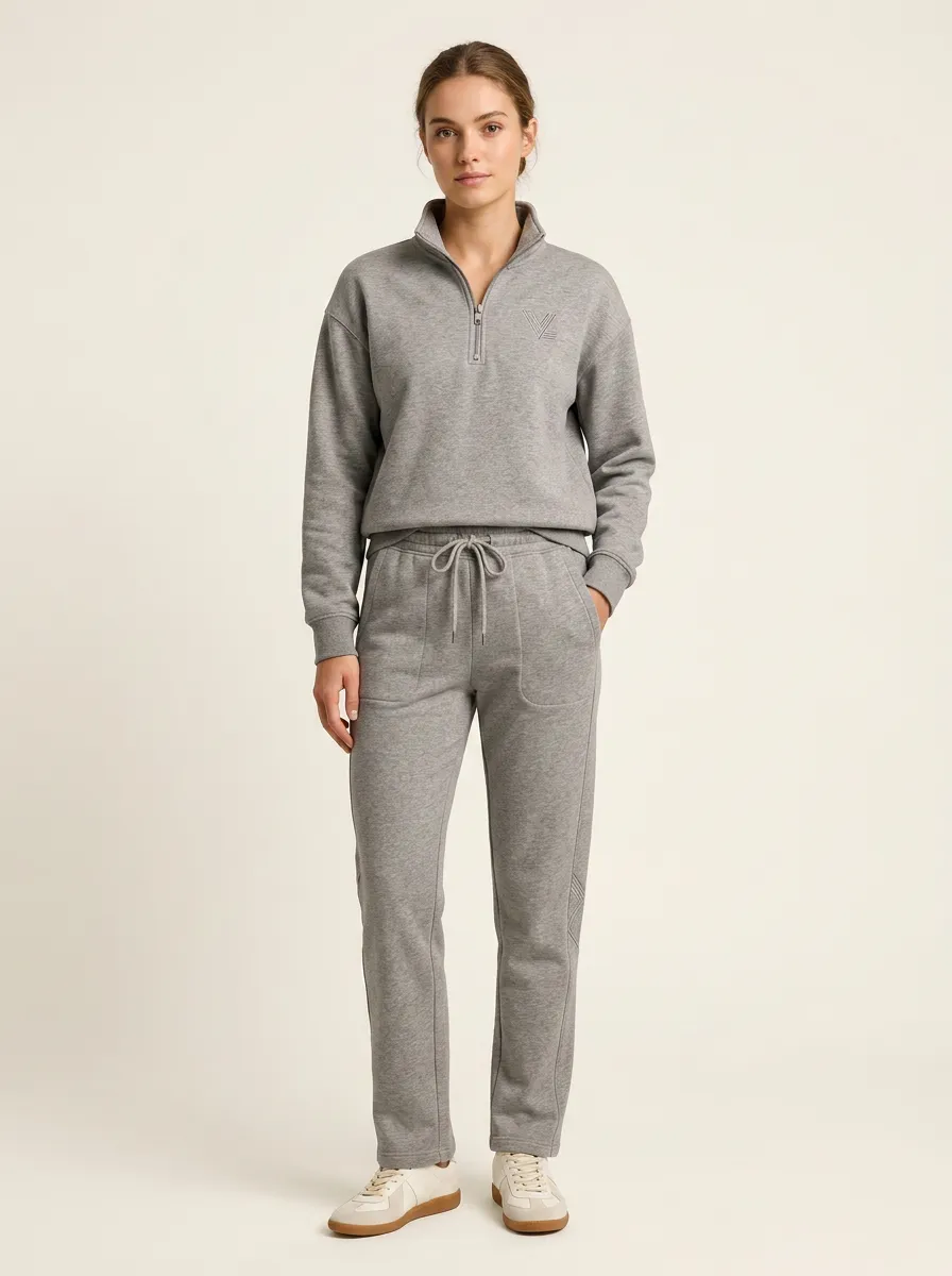 Women's Casual Minimalist Grey Embroidered  Quarter-Zip Lounge Set