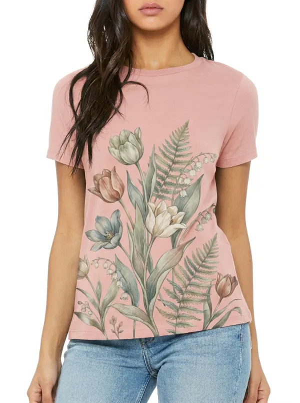 Women's Botanical Nature Lover Tulip Fern Lily Printed T-shirt