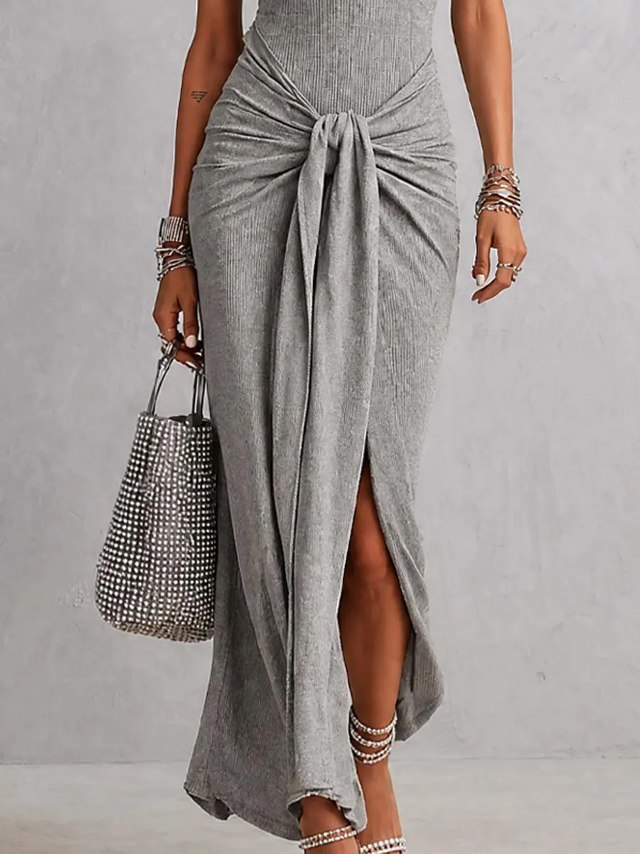 Elegant Sleeveless Ribbed Knit Mock Neck Maxi Dress With Front Tie Sli