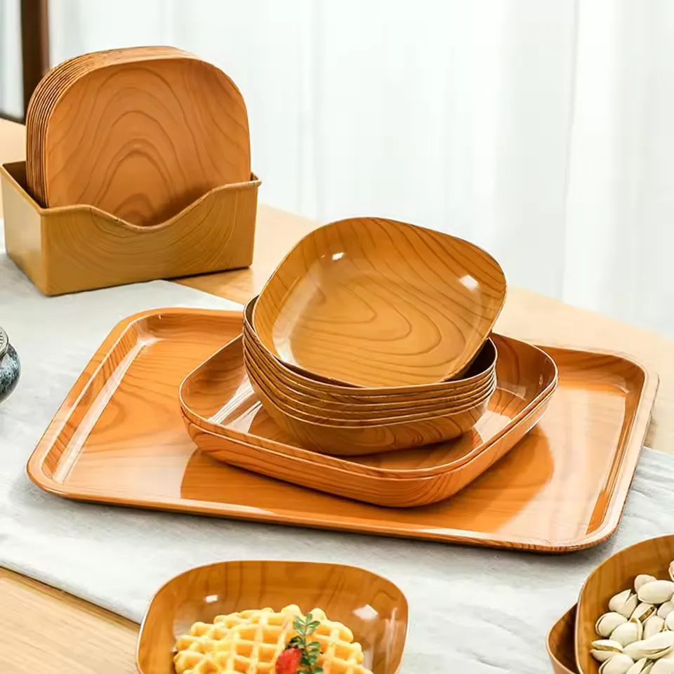 Kitchen Wood Grain Plastic Square Plate