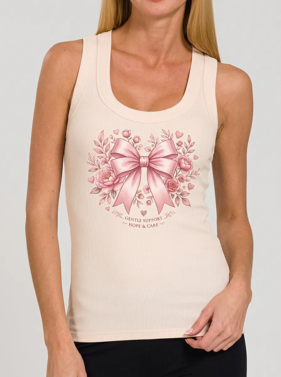 Women's Breast Cancer Awareness Pink Bow Floral Printed Tank Top