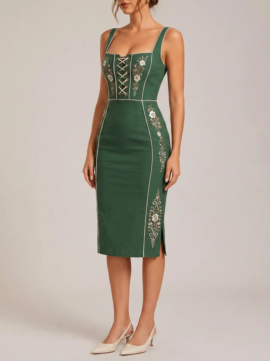 Women's Embroidered Lace-Up Heritage Fitted Dress