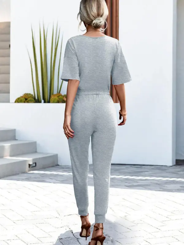 Buttoned Short Sleeve Round Neck Jumpsuit