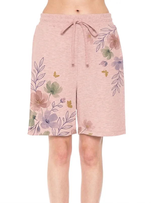 Women's Floral Butterfly Watercolor Printed Drawstring Shorts