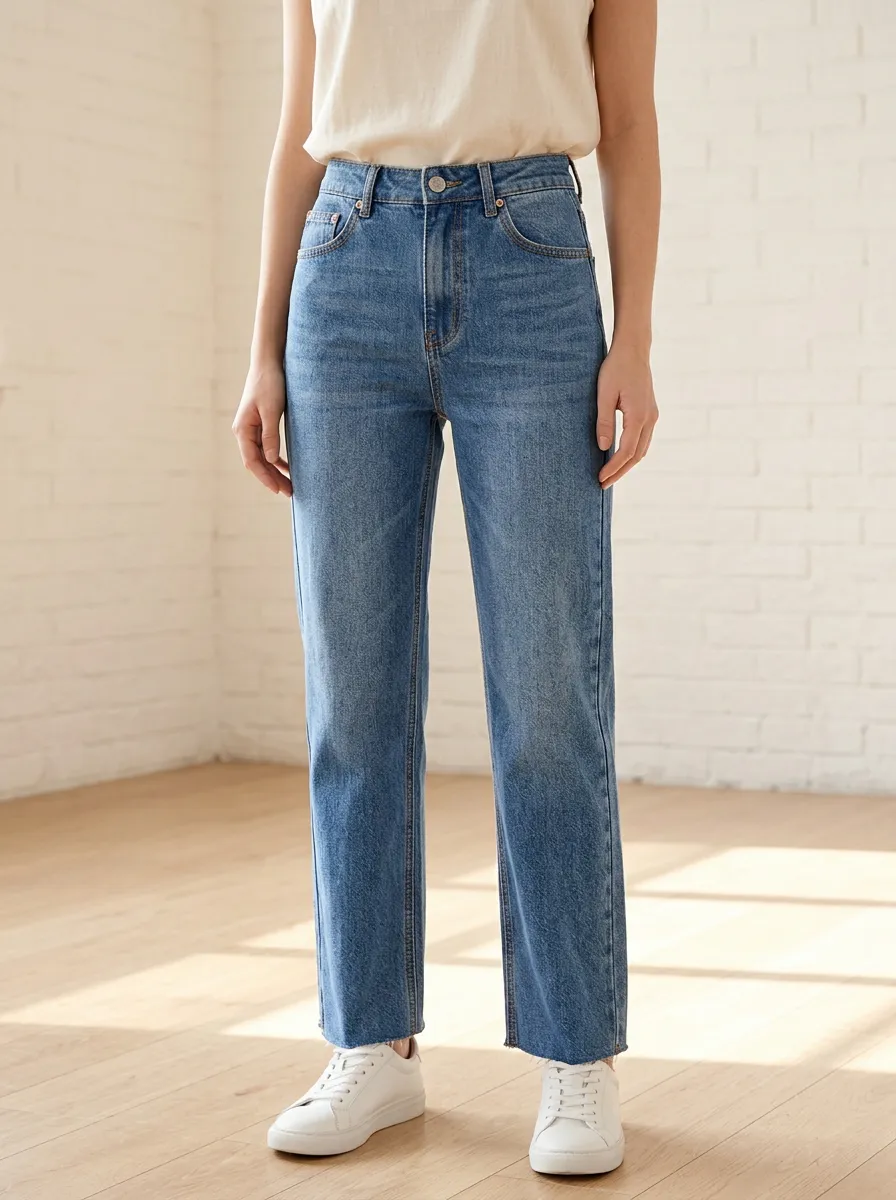 Women's Everyday High-Rise Raw-Hem Five-Pocket Straight Leg Jeans