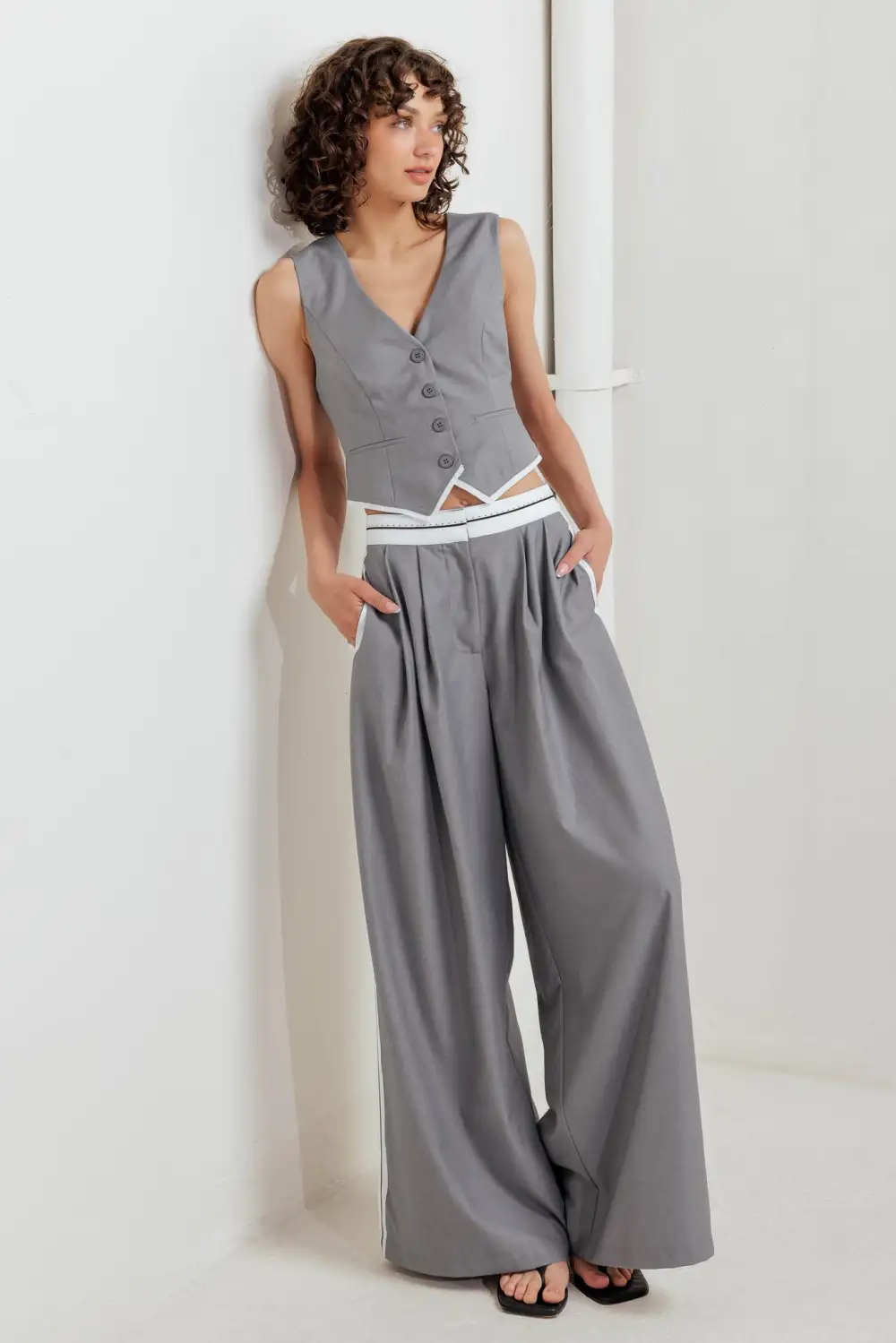 Sequin Striped Wide Leg Pocketed Pants