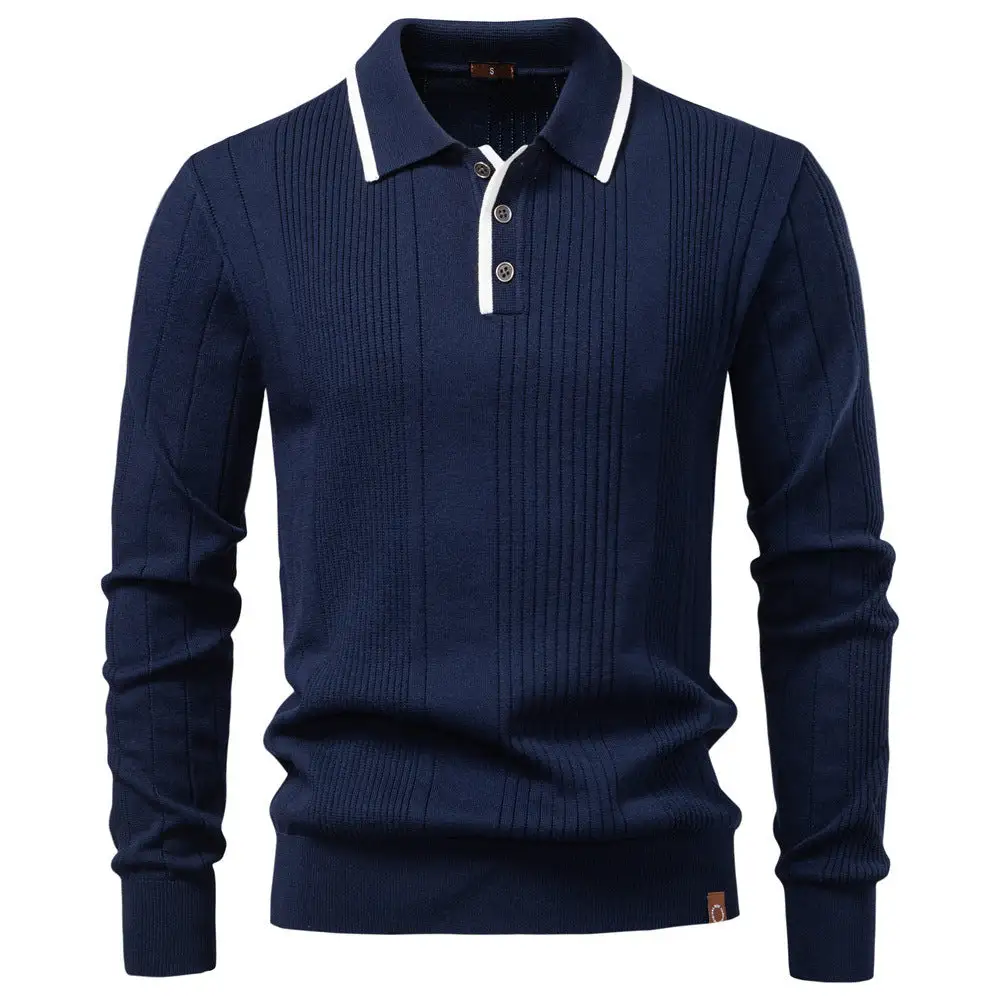 Men's Long-sleeved Polo Sweater Fine Knit With Vertical Ribbed Intarsias And Contrast Edges