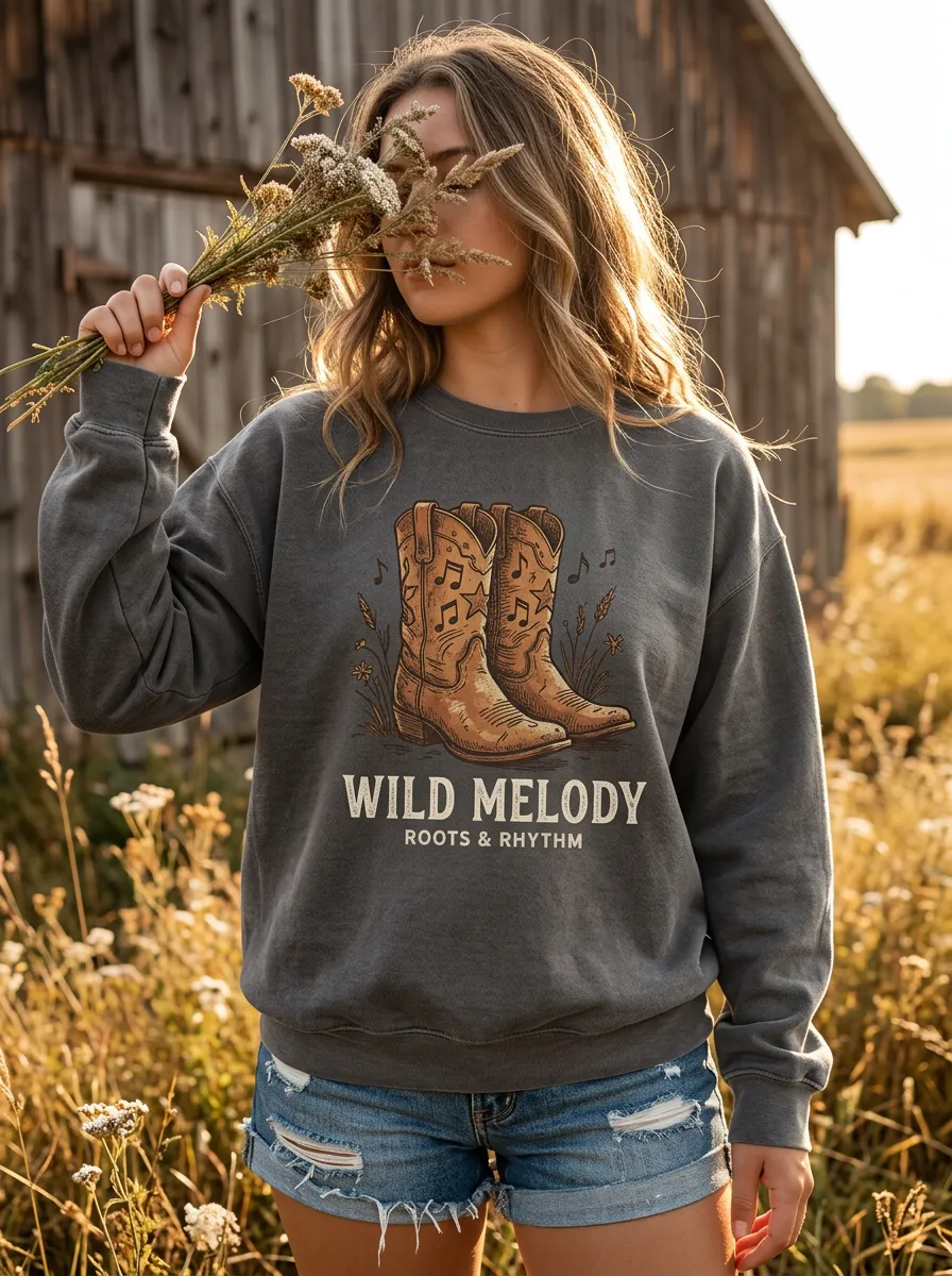 Western Music Cowboy Boots Wild Melody Artwork Crewneck Sweatshirt