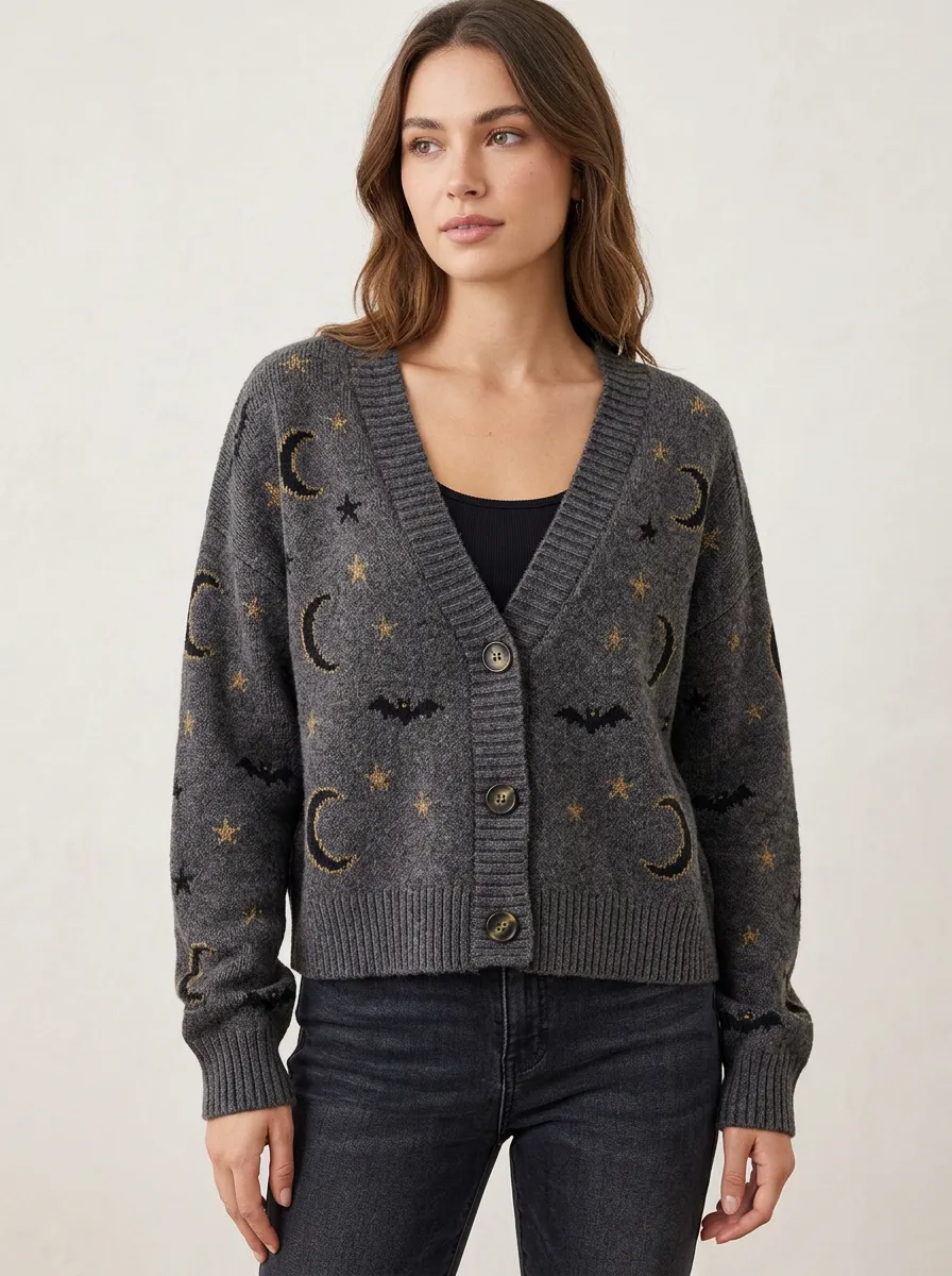 Women's Halloween Gothic Moon Star Bat Pattern Printed Cardigan