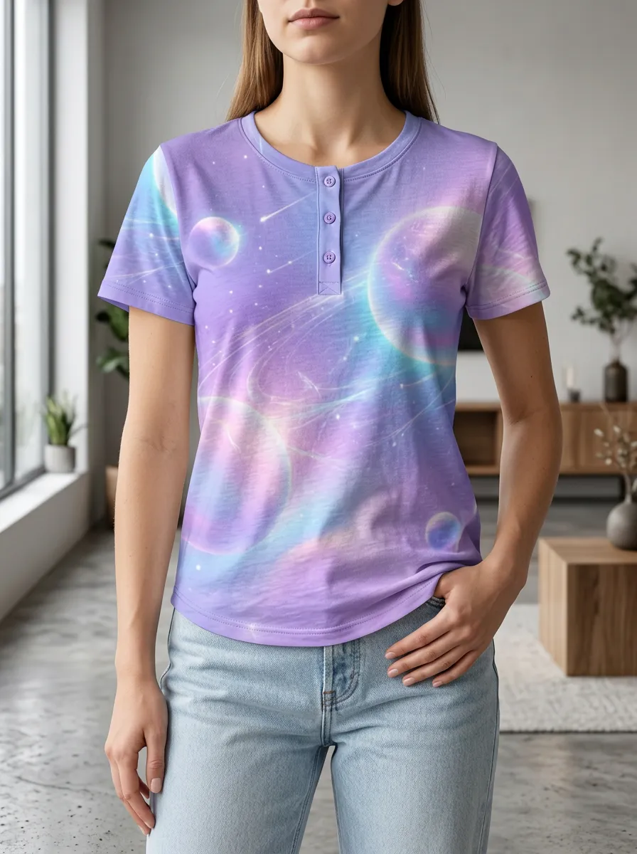 Women's Modern Space Galaxy Planet Henley T-Shirt