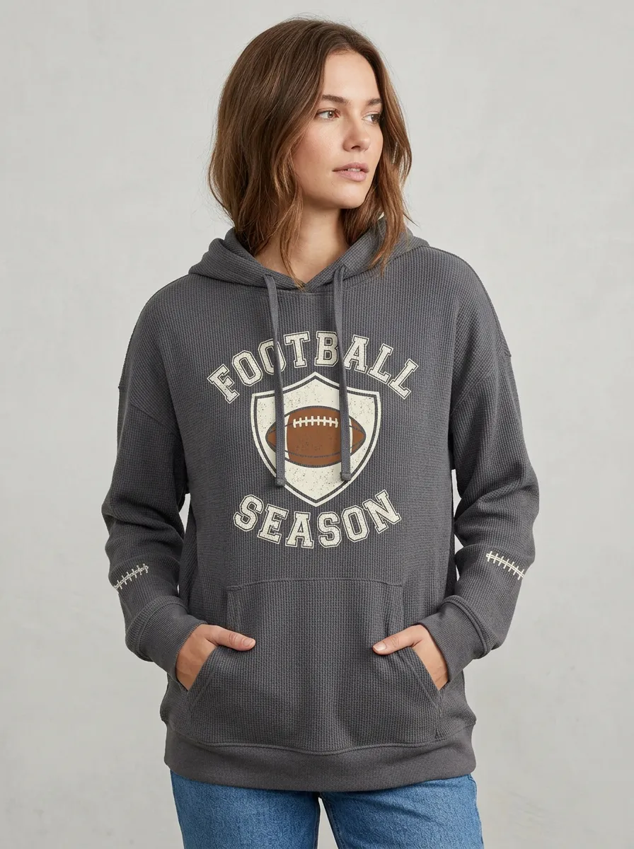 Women's Football Season Shield Graphic Printed Waffle Hoodie