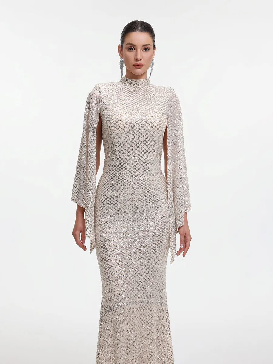 Marcella Contour Cape Sleeve Sequin Maxi Dress