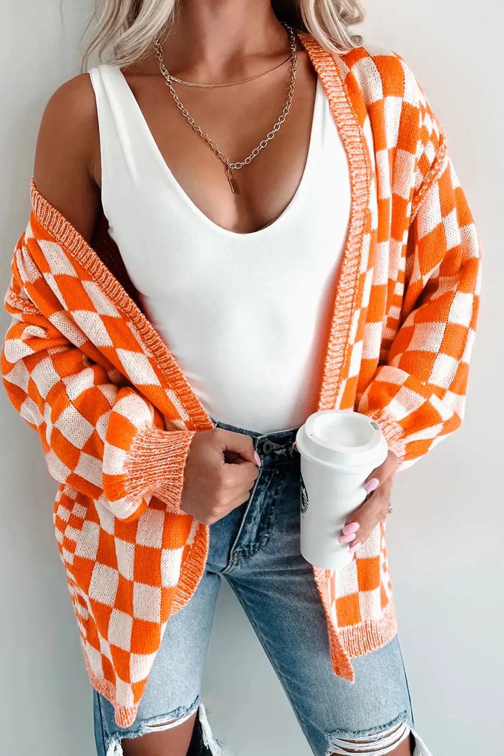 Checkered Open Front Drop Shoulder Relaxed Layer Cardigan