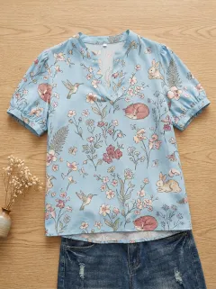 Hummingbird Fox Rabbit Women's Loose Printed T-Shirt