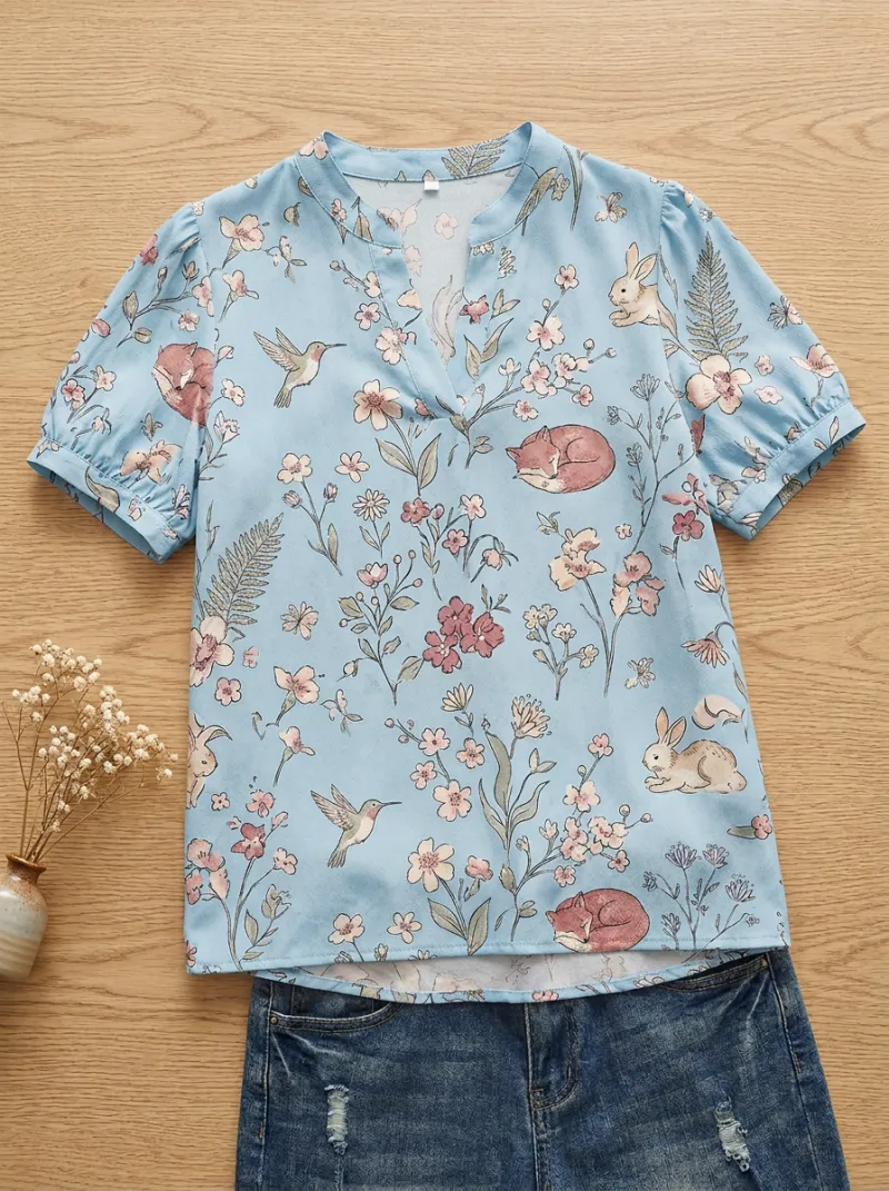 Hummingbird Fox Rabbit Women's Loose Printed T-Shirt