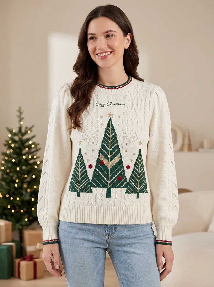 Festive Christmas Holiday Pine Tree Pattern Knitted Sweater