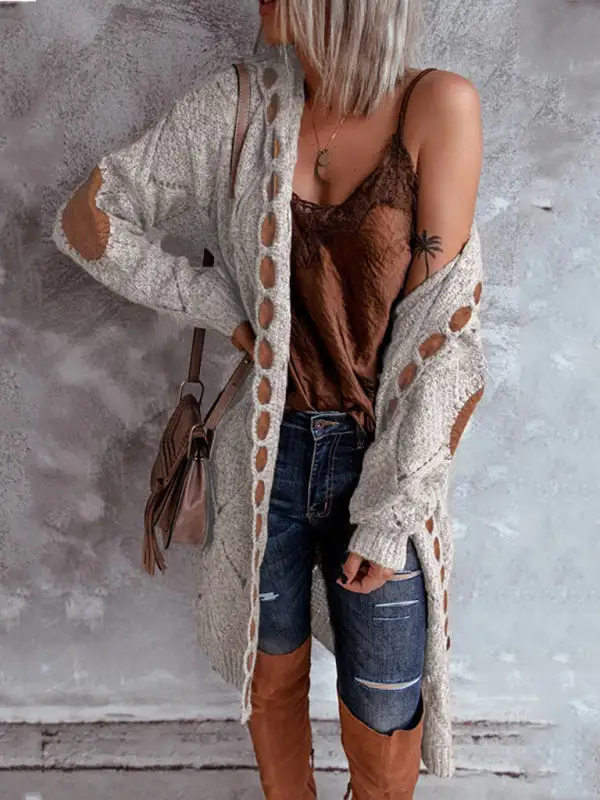 Hooded Long-Sleeve Drop-Shoulder Knit Cardigan