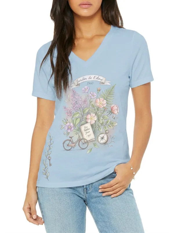 Women's Botanical Garden Bicycle Book Compass Printed V-neck T-shirt