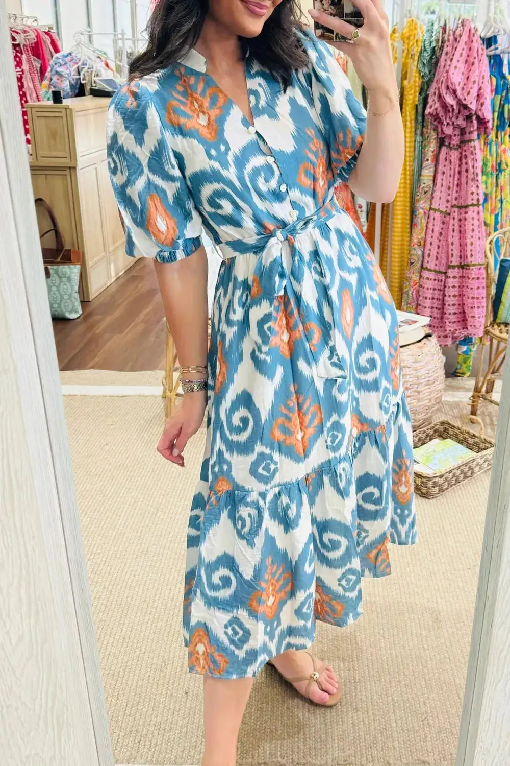 Short Puff Sleeve Button Down Ruffle Hem Midi Dress