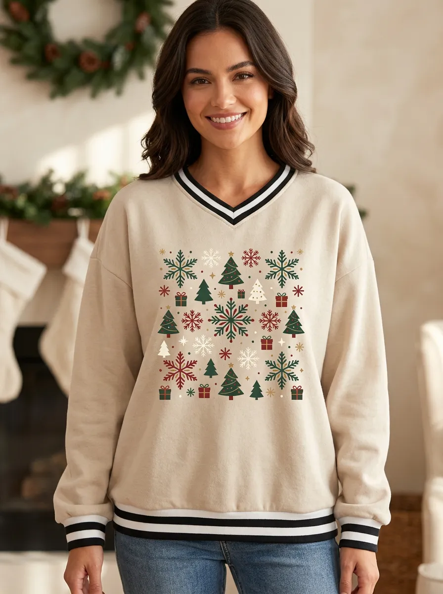 Christmas Holiday Snowflake Tree Gift Print Sweatshirt