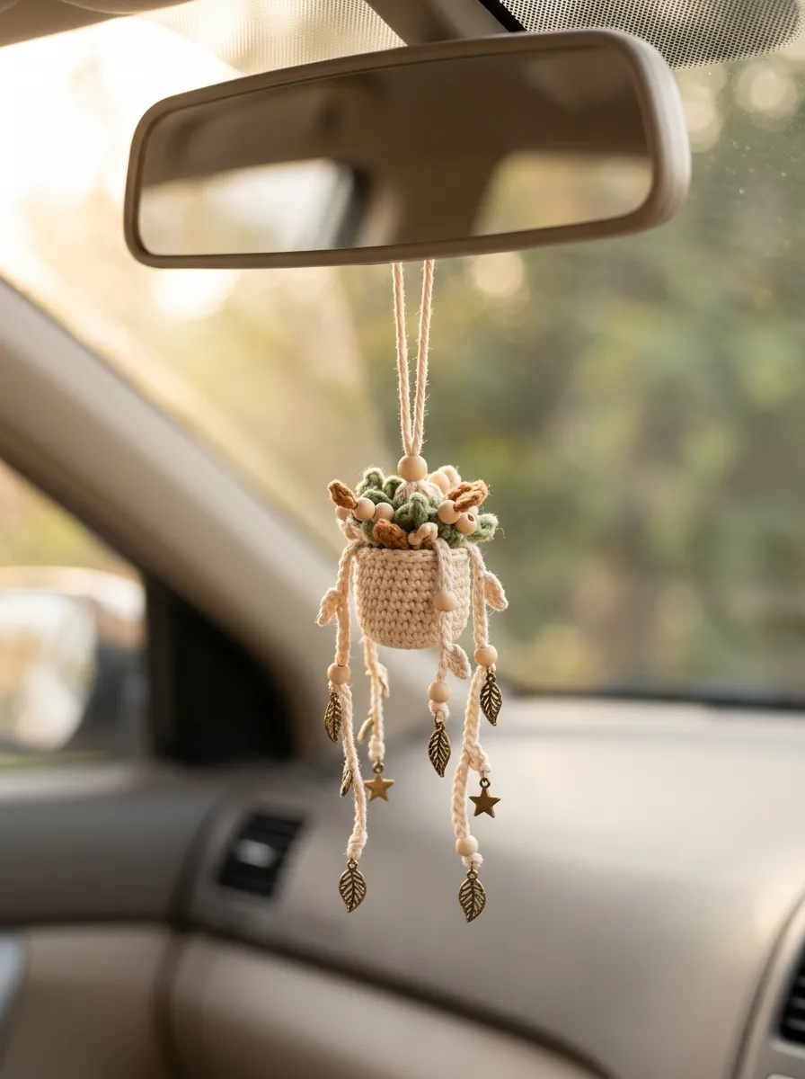 Crochet Leaf Rearview Mirror Hanging Ornament