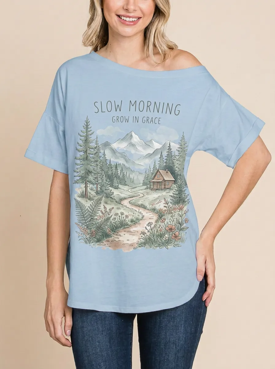 Women's Nature Lover Mountain Cabin Slow Morning Printed T-shirt