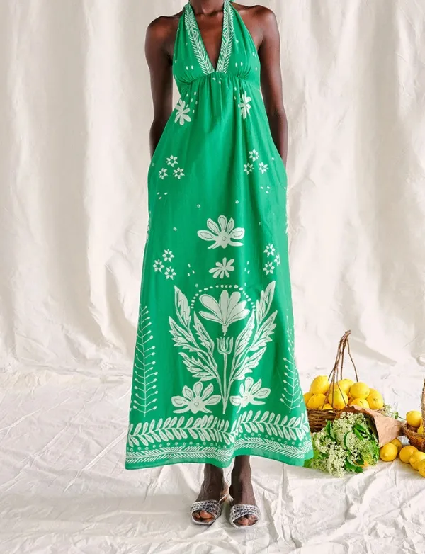 Embroidered Halter Midi Dress